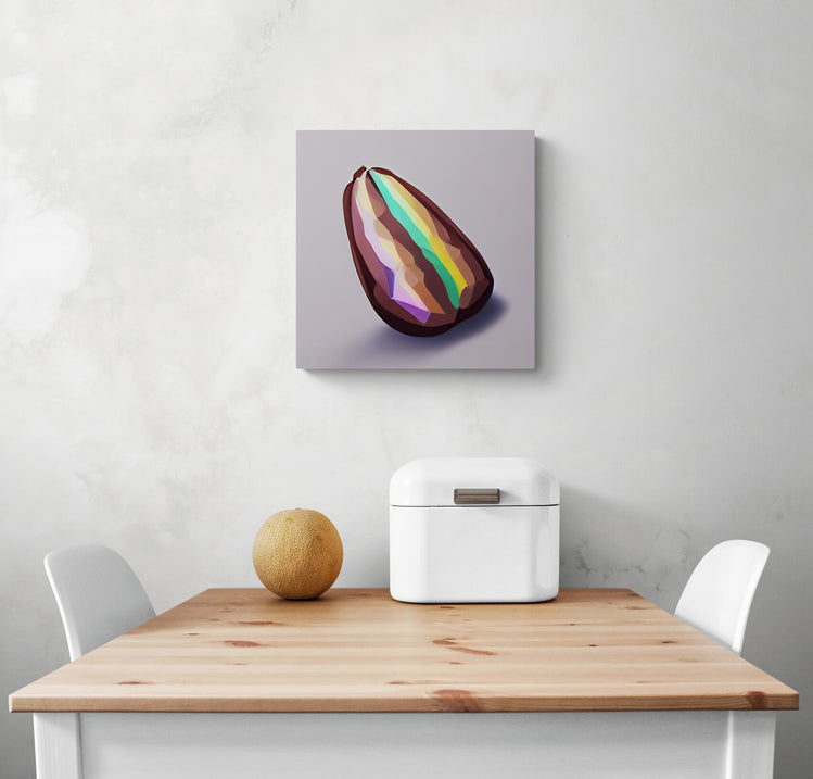 Petit tableau, dans une cuisine au mur blanc d'une fève de cacao fusionnée avec un diamant dans un style minimaliste et low-poly, au relief brillantes, celle de l'arc-en-ciel, qui donne une touche de gaieté, de fraîcheur et de design