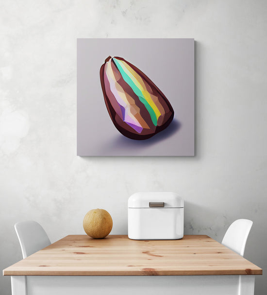 Tableau de taille moyenne, dans une cuisine au mur blanc d'une fève de cacao fusionnée avec un diamant dans un style zen, minimaliste et low-poly, au relief brillantes, celle de l'arc-en-ciel, qui donne une touche de gaieté, de fraîcheur et de design