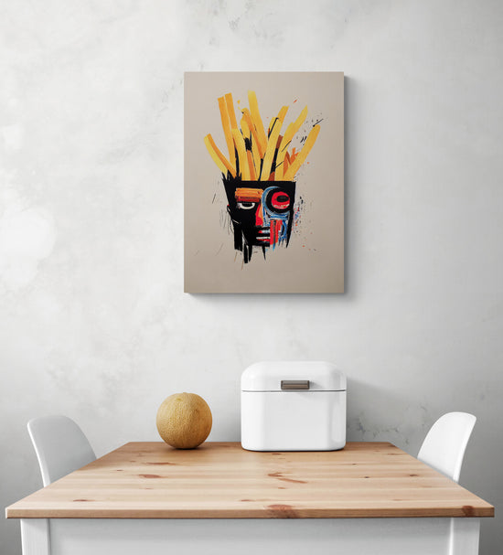 Inspiré de Basquiat, tableaux design qui représente le visage d'un afro-américain avec des cheveux en frite. Minimalistes et colorées, ses couleurs sont vives et profondes. Les couleurs principales sont le jaune, le rouge, le noir et le beige. Le tableau est accroché dans une cuisine, il est de taille moyenne