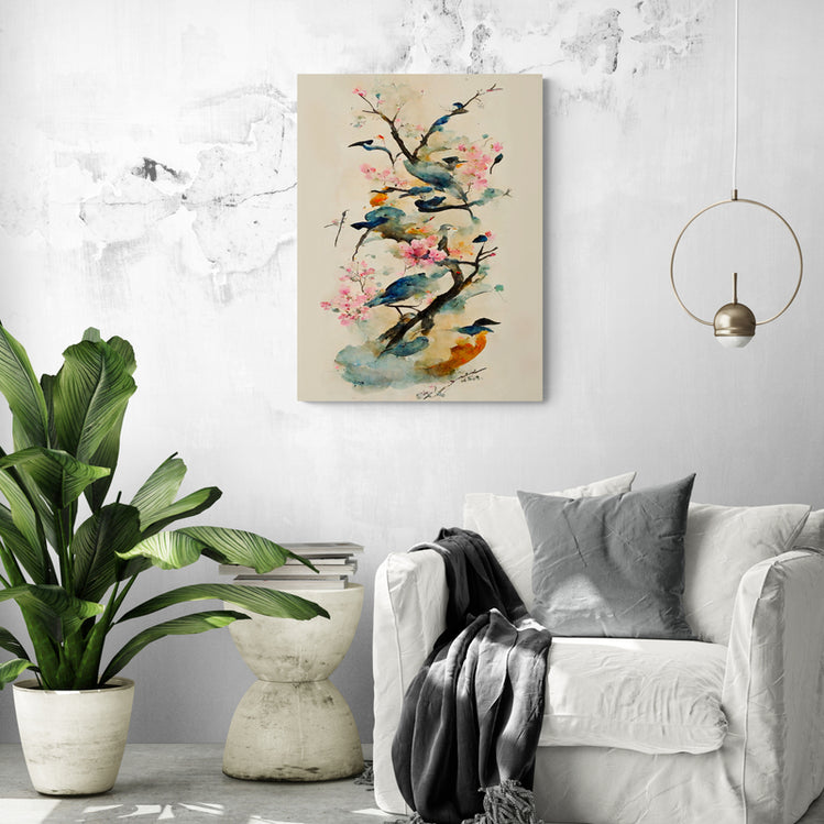 tableau oiseaux des jardins est accroché dans un salon au ton blanc gris au-dessus d'un fauteuil blanc et d'une plante verte