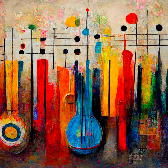 Tableau partition, un instrument à cordes bleu combiné avec une partition de musique. Une confusion qui est aussi présente entre les notes de musique et les couleurs. Un tableau multicolore, aux teintes chaudes et variés, invitant le spectateur à se laisser emporter par la chaleur de la musique