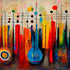 Tableau partition, un instrument à cordes bleu combiné avec une partition de musique. Une confusion qui est aussi présente entre les notes de musique et les couleurs. Un tableau multicolore, aux teintes chaudes et variés, invitant le spectateur à se laisser emporter par la chaleur de la musique