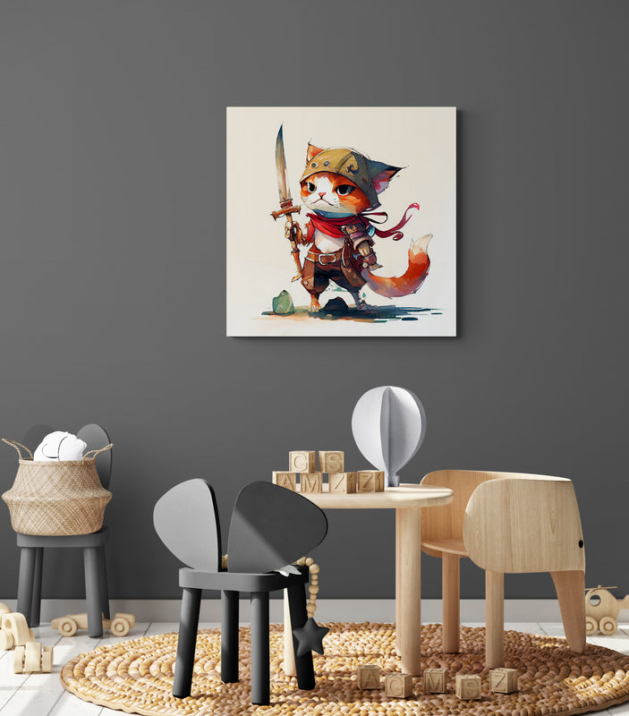 un tableau déco chambre garçon avec un chat pirate est accroché dans une salle de jeux pour enfant