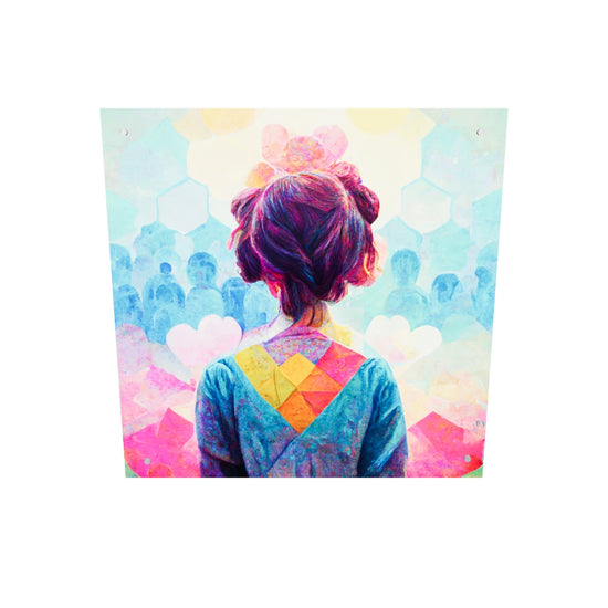 Tableau coloré salon, en plexiglass. Une jeune fille y est représentée, le regard empli de bienveillance et de positivité. Elle semble voir le monde comme un endroit merveilleux, rempli de possibilités et de couleurs. Le jaune, le rose, le bleu et le vert se mêlent harmonieusement pour donner naissance à un univers lumineux et accueillant. Des formes humaines au loin semblent être emplies de bonté. Une vision du monde utopique et optimiste, comme celle que nous portions lorsque nous étions enfant