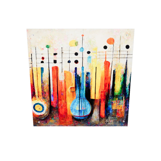 Tableau partition de musique, en plexiglass, un instrument à cordes bleu combiné avec une partition de musique. Une confusion qui est aussi présente entre les notes de musique et les couleurs. Un tableau multicolore, aux teintes chaudes et variés, invitant le spectateur à se laisser emporter par la chaleur de la musique