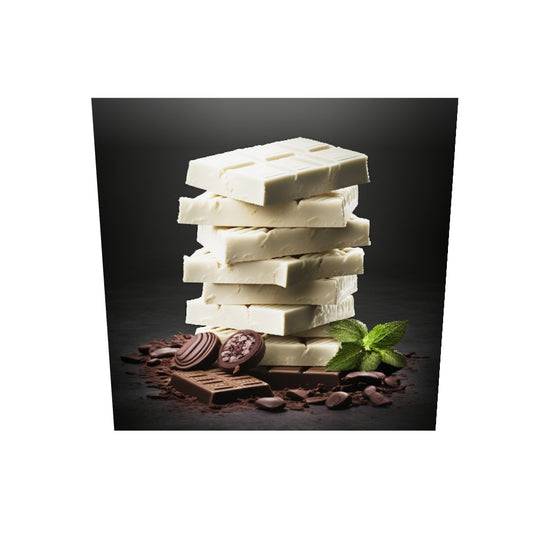 Tableau chocolat en aluminium composé de briques de chocolat blanc formant une pile généreuse, rehaussée par quelques briques de chocolat au lait. De la poudre de cacao est soigneusement disposée autour, formant le trio des trois saveurs. Des feuilles de menthe fraîches viennent parfaire ce délicieux tableau accrocher dans une cuisine