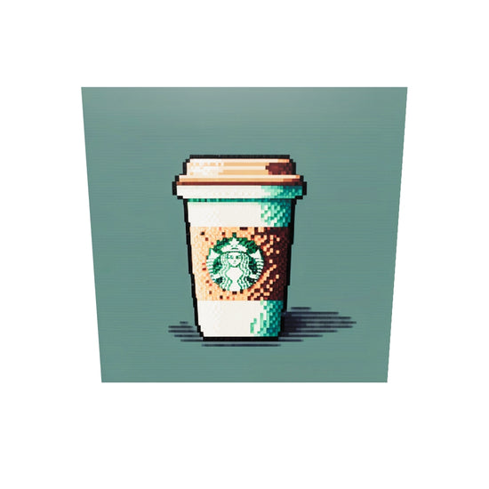 Une tasse de café Starbucks en pixel art sur tableau en plexiglas, avec des couleurs marron et vert contrastantes pour une esthétique raffinée et confortable. Donne une ambiance design, cosi et de chaleureuse