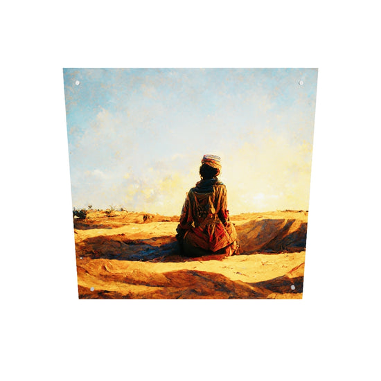 Tableau touareg dans le desert, en plexiglas. Au cœur du désert un Touareg s'agenouille en contemplant le coucher du soleil. Vêtu d'un takakat et coiffé de son tagelmust, Il admire le ciel doré. Le touareg est à genoux, dans une position ressemblant à celle de la prière, comme pour remercier le tout puissant de cette scène qui s'offre à lui