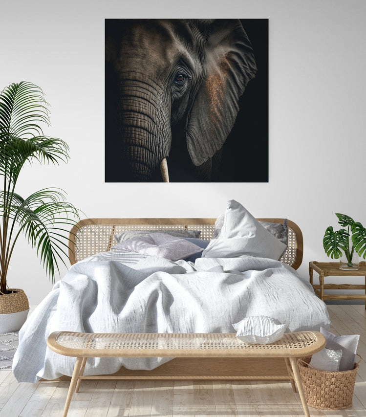 tableau elephant grand format, visage d'éléphant sur un fond noir brillant, portrait grand angle