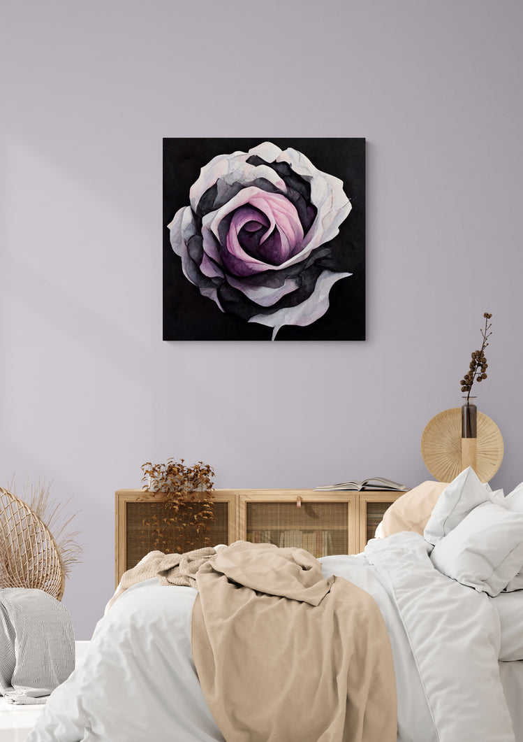 un tableau fleur rose décore une chambre adulte à l'ambiance naturelle et romantique 