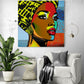 grand tableau salon femme africaine style pop art, couleurs primaire contraste intense