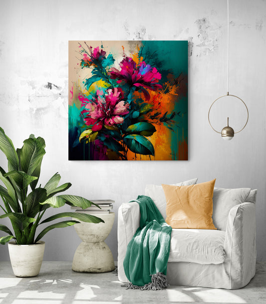 Tableau deco de fleurs moderne en peinture et un mélange d'art abstrait, coloré