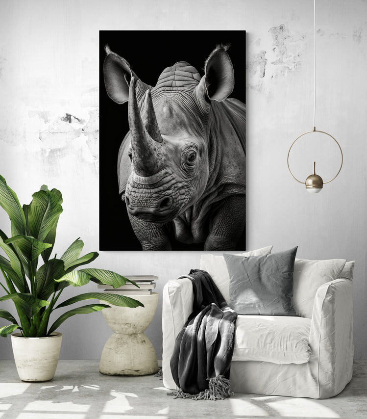 Tableau décoration du rhinocéros, photographie noir et blanc en gros plan, animal majestueux, dans un salon