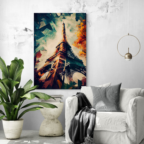 Tableau decoration tour Eiffel vu du bas, peinture, ciel tricolore bleu blanc rouge