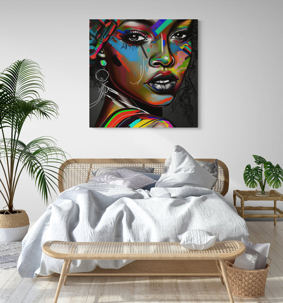 tableau decoratif chambre street art femme noire, graffiti avec des couleurs primaires