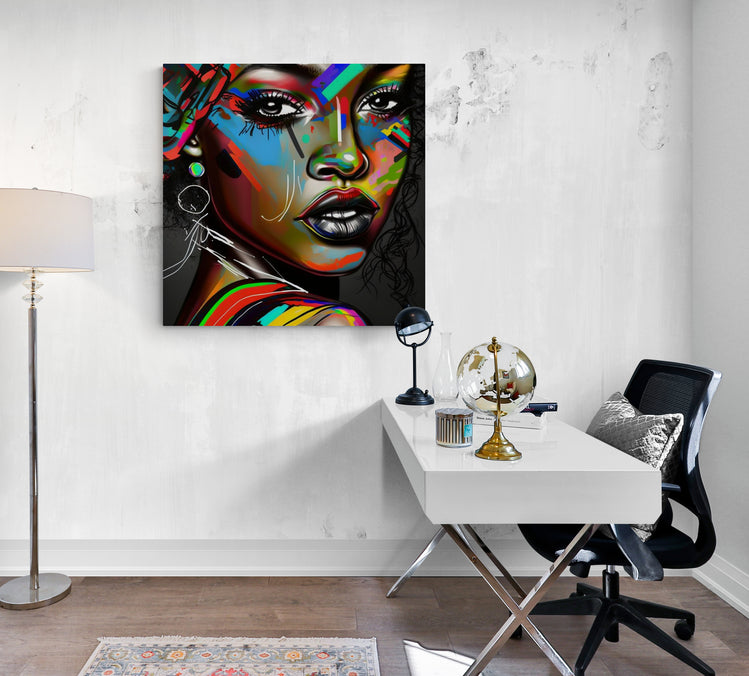 tableau pour bureau, femme noire street art, graffiti avec des couleurs primaires