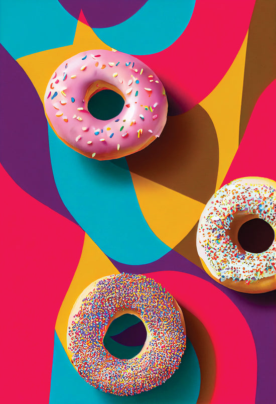  Un tableau cuisine avec trois donut disposé sur un fond trés coloré