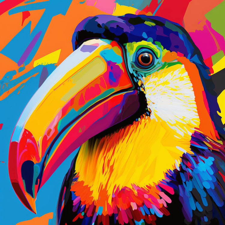 Tableau mural toucan en pop art, gros plan sur l'oiseau exotique aux couleurs vives