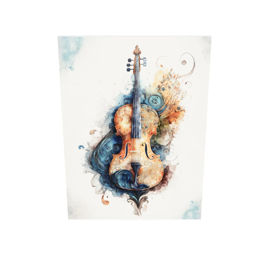 un violon en bois inspiré de la peinture à l'aquarelle avec des taches de peintures bleu et marron