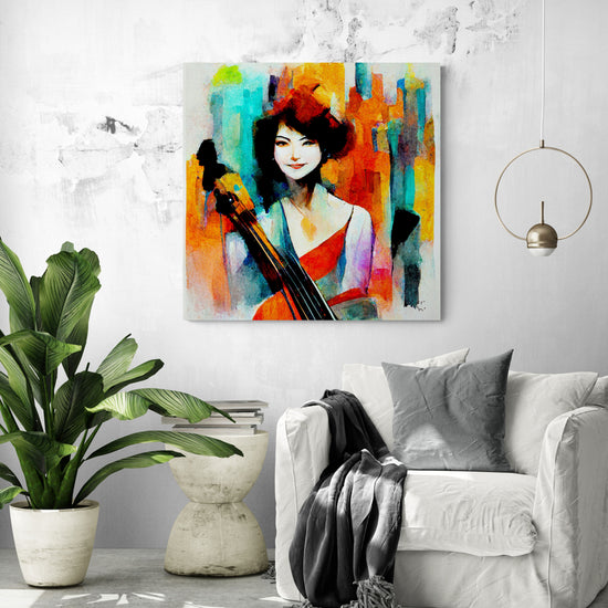 Tableau violon accroché dans un salon blanc moderne