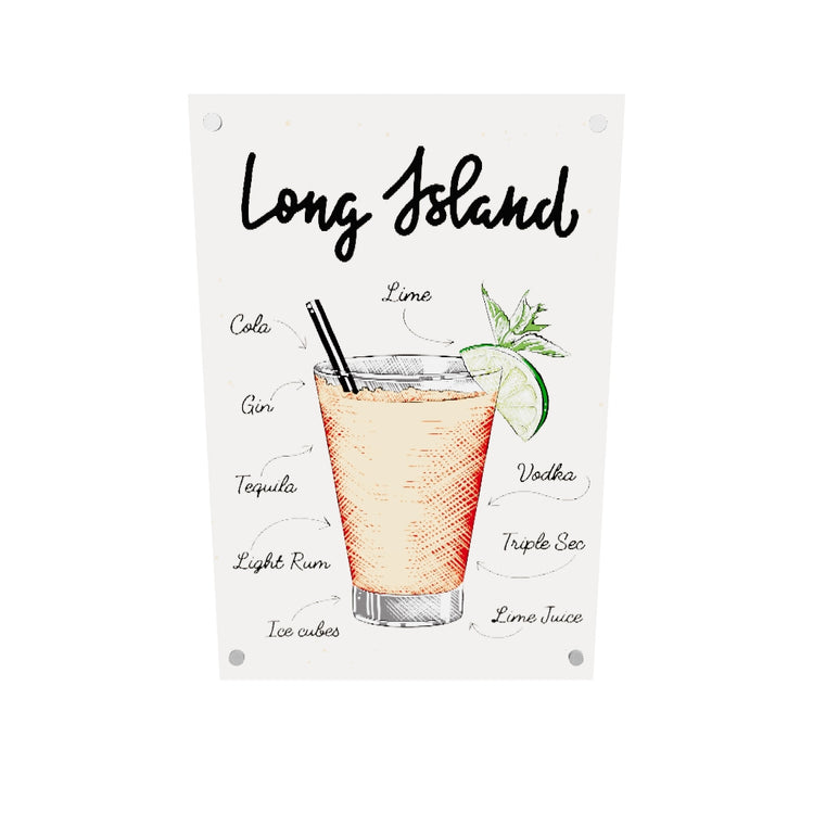  une affiche avec une illustration . Le poster tourne sur lui même. C’est un tableau en verre acrylique avec une illustration d’un verre de cocktail Long Island et la liste des ingrédients nécessaires à sa réalisation sur un fond rose pâle.